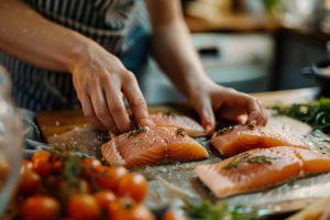 Hand seasoning a marinwater fish fillet on a wooden board, with a sprinkle of spices adding flavour.