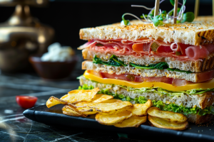 A final finished plating of cold cut sandwich with potato wafers on the side - a High-Protein breakfast