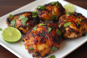 Smoky, charred chicken thighs served with a lemon slice, garnished with fresh herbs.