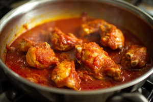 Chicken pieces simmering in rich tomato puree for Aagri Chicken Recipe