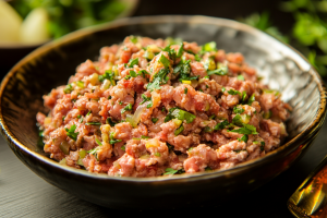 A bowl of shredded chicken marinated in oil and fresh herbs, for making chicken patties