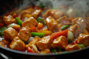 Chicken pieces cooked in a spicy Schezwan gravy with capsicum and tomatoes for Chicken Schezwan