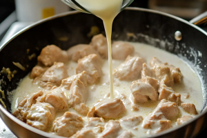 Chicken pieces cooking in a pan with a stream of coconut milk being poured over them for tambda pandhra rassa dish