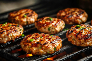 Chicken patties sizzling on a grill, cooking to a golden brown with char marks.