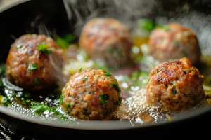 Mutton keema balls are frying in hot oil in a pan, turning golden brown and crispy.