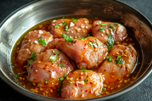 Chicken thighs marinating in a bowl with a blend of spices and fresh herbs.