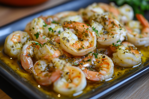 Shrimp is marinated in a mixture of olive oil, lemon juice, minced garlic, dried oregano, paprika, salt, and pepper for grilled shrimp