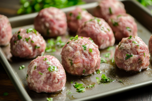 Mutton Kola Urundai balls placed neatly in a baking tray, ready for baking