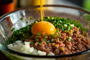 An egg being cracked into a bowl of shredded mutton, chopped onions, and seasonings, ready for mixing to make keema balls