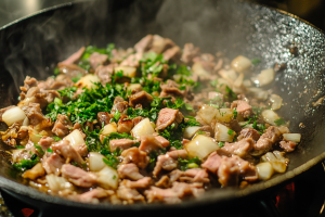 Shredded mutton being cooked in a large pan over medium heat with finely chopped onion, garlic, and ginger for mutton spring rolls