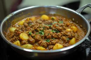 Mutton matar keema cooking in a pan with golden potatoes, simmering in rich spices