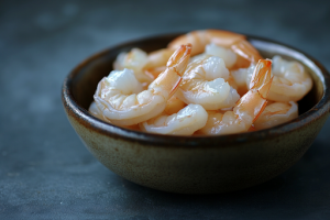 A bowl filled with peeled and deveined shrimp, ready for cooking grilled shrimp