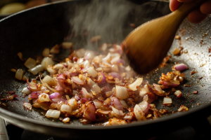 Golden brown caramelised onions in a pan, perfect for adding rich flavour to Tawa Murgh