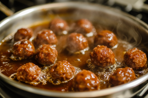 Meatballs gently simmering in a rich broth for Vietnamese chicken meatball soup