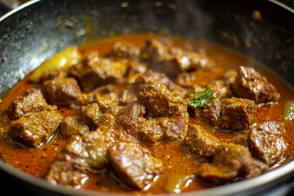 A pan with mutton pieces being browned and cooked, releasing aromatic spices and juices for mutton arbi recipe