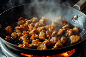 Chicken pieces sizzling in a pan, cooking for an Asian chicken rice bowl recipe.