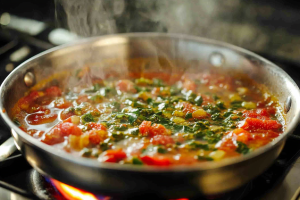 Pureed tomatoes, green chilies, and a blend of turmeric, coriander, and cumin powders simmering on a stove, preparing for an aromatic Assamese style mutton curry