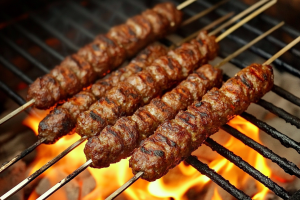 Delicious chicken kofta kebab grilling on a barbecue griller, sizzling with flavor