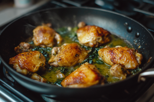 Chicken pieces simmering in a vibrant green masala, surrounded by fresh herbs and spices on the stove for chicken cafreal recipe