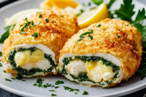 Chicken Kiev cut in half, revealing the golden, buttery interior, garnished with herbs.