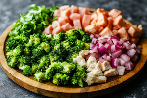 Ingredients for chopped broccoli and chicken salad, including fresh broccoli florets, cooked chicken pieces, coriander leaves, and a zesty dressing, neatly arranged on a platter.