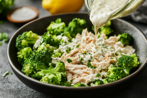 Salad dressing made with Greek yogurt, mayonnaise, Dijon mustard, lemon juice, salt, and pepper being mixed into a bowl of broccoli and shredded chicken for chicken salad