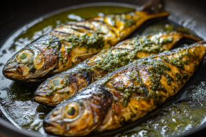 Fish fillets marinated in spices, sizzling as they fry on a hot tawa, with a hint of turmeric and red chilli coating, getting ready for Fish Bangda Green masala fry