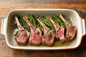 Mutton chops arranged in a baking dish, ready to be seasoned and roasted for a delicious roast lamb meal.