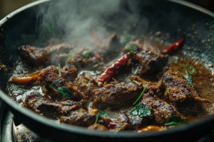 Mutton pieces gently simmering in a deep, rich gravy with whole Naga chillies, ready to pack a punch of spice and flavour for naga mutton curry