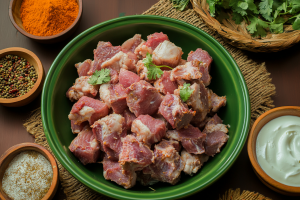 Get ready to cook a flavorful dish with fresh mutton pieces, surrounded by essential ingredients like spices, yogurt, and onions, each adding a unique touch to the recipe of Parsi Dahi nu Gosht