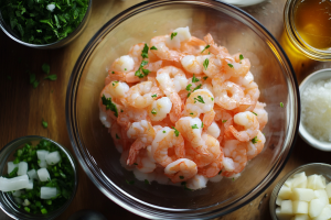 Cleaned, cut, and deveined prawns in a bowl, surrounded by bowls of garlic, spices, and herbs ready for cooking for prawn dim sum recipe