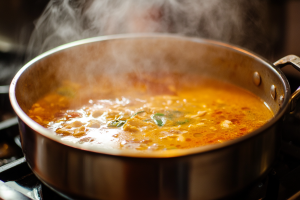 Thai coconut chicken soup simmering in a bowl with visible herbs, chicken pieces, and a creamy broth.