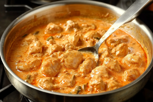 Succulent chicken pieces simmering in a rich, creamy sauce, creating a velvety texture with a lustrous finish for Angara Chicken Recipe