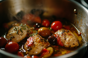 Chicken pieces gently simmering in olive oil with plump cherry tomatoes, fresh thyme, and oregano, creating a fragrant Mediterranean slow cooked greek chicken dish.