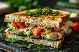 A hearty chicken sandwich with crispy cucumber, tomato, juicy grilled chicken, and creamy sauce, served on a rustic wooden board for chicken sandwich recipe