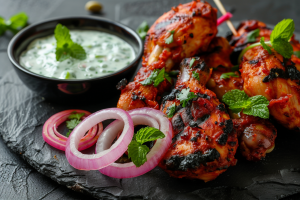 Juicy tandoori chicken drumsticks, grilled to perfection, served on a rustic plate with lemon wedges and mint chutney.